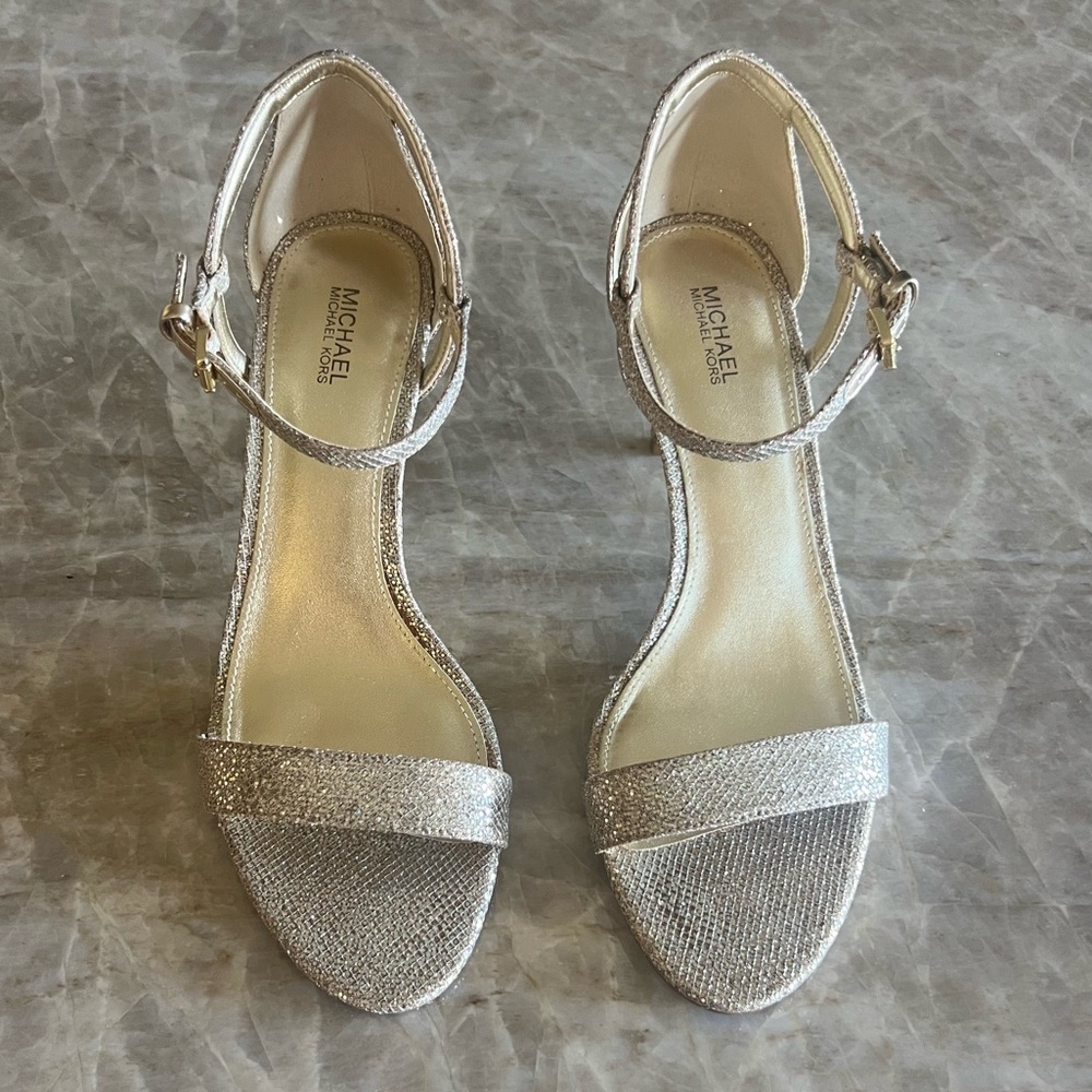 Michael Kors Simone Gold Glitter Ankle Strap 3.5”Inch Heeled Sandals Size 9